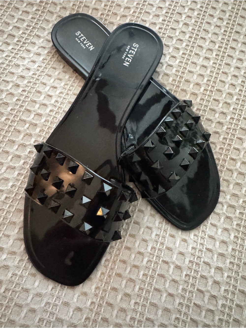 Steve Madden Black Patent Stud Slide Sandals- Jelly Sandals,